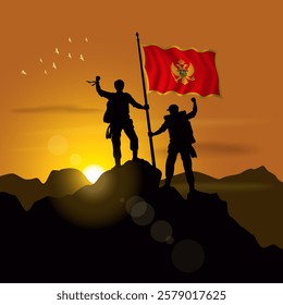 Montenegro flag, silhouette of two climbers holding flags at sunset