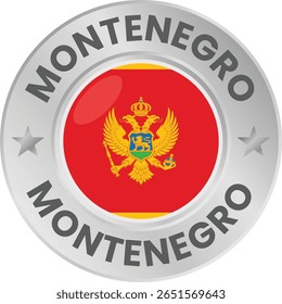 Montenegro flag in silver colored medal. National flag in metal circle emblem.