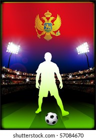 Montenegro Flag with Soccer Player on Stadium Background Original Illustration
