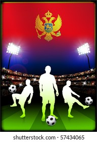 Montenegro Flag with Soccer Player on Stadium Background Original Illustration