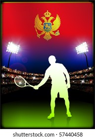 Montenegro Flag with Tennis Player on Stadium Background Original Illustration