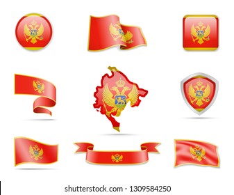 Montenegro flags collection. Flags and outline of the country vector illustration set