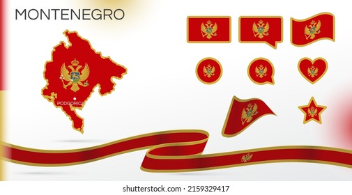 Montenegro Flaggen gesetzt. Verschiedene Designs. Karte und Hauptstadt. Weltflaggen. Vektorset. Circle Icon. Vorlage für den Unabhängigkeitstag. Sammlung nationaler Symbole. Band mit Farben der Flagge. Podgorica