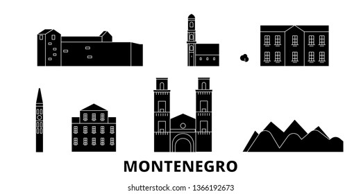Montenegro flat travel skyline set. Montenegro black city vector illustration, symbol, travel sights, landmarks.