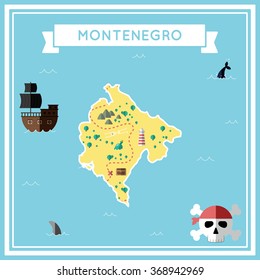 Montenegro flat treasure map. Colorful cartoon treasure map of Montenegro with flat icons of pirate ship, jolly roger, treasure chest and banner ribbon. Flat design vector illustration.