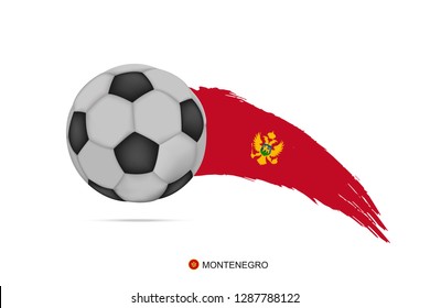 Montenegro football championship banner with 3d soccer ball and hand drawn calligraphy ink brush stripes Montenegro national flag colors on white background. Vector design element illustration