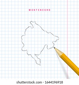 Montenegro freehand pencil sketch outline vector map on checkered pattern school notebook page.