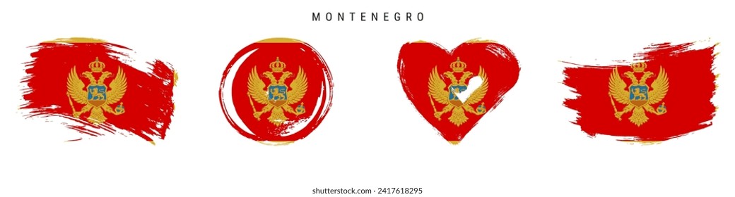 Montenegro hand drawn grunge style flag icon set. Montenegrin banner in official colors. Free brush stroke shape, circle and heart-shaped. Flat vector illustration isolated on white.