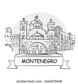 Montenegro Hand-Drawn Urban Vector Sign. Black Line Art Illustration with Ribbon and Title.