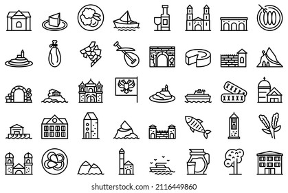Montenegro icons set outline vector. Country area. Atlas building