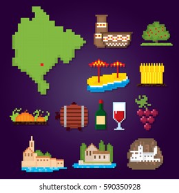 Montenegro icons set. Pixel art. Old school computer graphic style. Games elements.