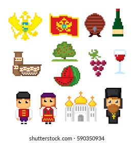 Montenegro icons set. Pixel art. Old school computer graphic style. Games elements.