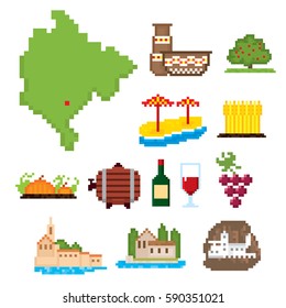 Montenegro icons set. Pixel art. Old school computer graphic style. Games elements.