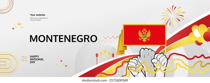 Montenegro Independence Day modern greeting banner. 21 May Happy National Day. Holidays abstract concept in flag colors. Great for event like carnival, feast poster, support, culture and tourism