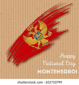 Montenegro Independence Day Patriotic Design. Expressive Brush Stroke in National Flag Colors on kraft paper background. Happy Independence Day Montenegro Vector Greeting Card.