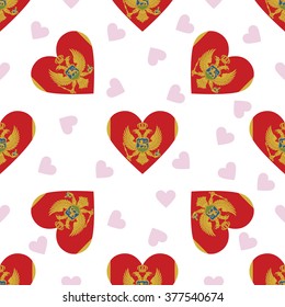 Montenegro independence day seamless pattern. Patriotic country flag background. Montenegro flag in the shape of heart. Vector seamless pattern.
