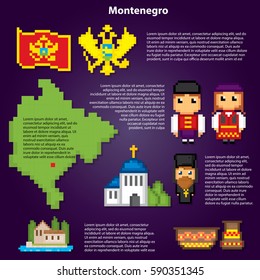 Montenegro infographic set. Pixel art. Old school computer graphic style. Games elements.