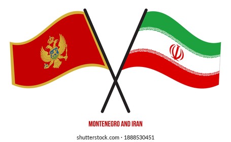 Montenegro and Iran Flags Crossed And Waving Flat Style. Official Proportion. Correct Colors.