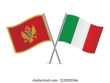 Montenegro and Italy crossed flags. Montenegrin and Italian flags isolated on white background. Vector icon set. Vector illustration.
