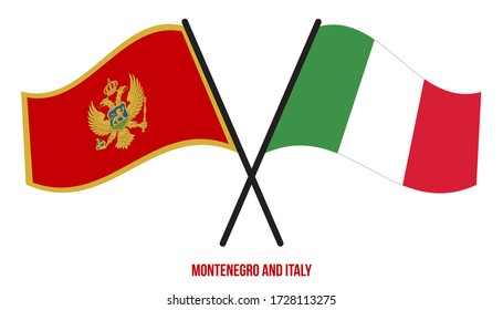 Montenegro and Italy Flags Crossed And Waving Flat Style. Official Proportion. Correct Colors.