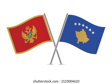 Montenegro and Kosovo crossed flags. Montenegrin and Kosovo, flags isolated on white background. Vector icon set. Vector illustration.