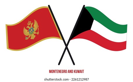Montenegro and Kuwait Flags Crossed And Waving Flat Style. Official Proportion. Correct Colors.