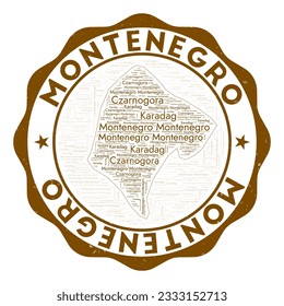 Montenegro logo. Astonishing country badge with word cloud in the shape of Montenegro. Round emblem with country name. Attractive vector illustration.