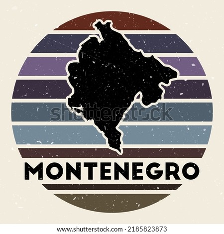 Montenegro logo. Sign with the map of country and colored stripes, vector illustration. Can be used as insignia, logotype, label, sticker or badge of the Montenegro.