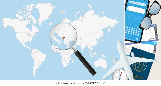 Montenegro is magnified over a World Map, illustration with airplane, passport, boarding pass, compass and eyeglasses. Vector illustration.