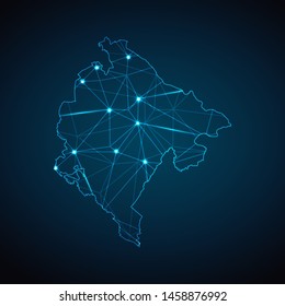 Montenegro Map - Abstract geometric mesh polygonal network line, structure and point scales on dark background with lights in the form of cities. Vector illustration eps 10.