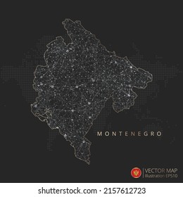 Montenegro map abstract geometric mesh polygonal light concept with black and white glowing contour lines countries and dots on dark background. Vector illustration.