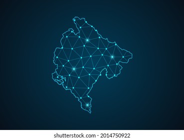 Montenegro map Abstract mash line and point scales on dark background. Wire Frame 3D mesh polygonal network line. Network line, design sphere, dot and structure vector.