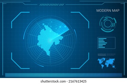 Mapa de Montenegro del vector de radar de tecnología de marco digital azul HUD, GUI, interfaz de interfaz de usuario.