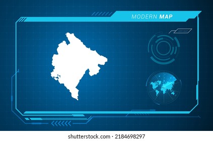 Montenegro map of blue digital frame HUD, GUI, UI interface technology radar vector.