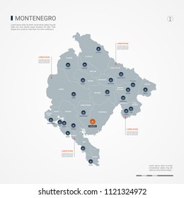 Montenegro map with borders, cities, capital Podgorica and administrative divisions. Infographic vector map. Editable layers clearly labeled.