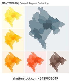 Montenegro map collection. Country shape with colored regions. Blue Grey, Yellow, Amber, Orange, Deep Orange, Brown color palettes. Border of Montenegro with provinces for your infographic.