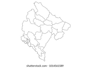 montenegro map with country borders, thin black outline on white background. High detailed vector map with counties/regions/states - montenegro. contour, shape, outline, on white.