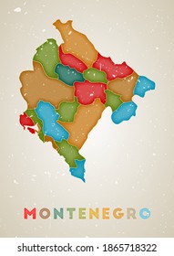 Montenegro map. Country poster with colored regions. Old grunge texture. Vector illustration of Montenegro with country name.