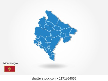 Montenegro map design with 3D style. Blue Montenegro map and National flag. Simple vector map with contour, shape, outline, on white.