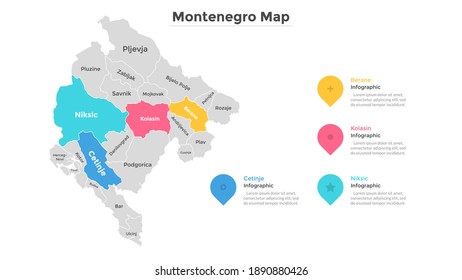 Montenegro map divided into federal states. Territory of country with regional borders. Montenegrin administrative division. Infographic design template. Vector illustration for touristic guide,banner