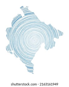Mapa de Montenegro lleno de círculos concéntricos. Esbozar círculos de estilo en forma del país. Ilustración vectorial.