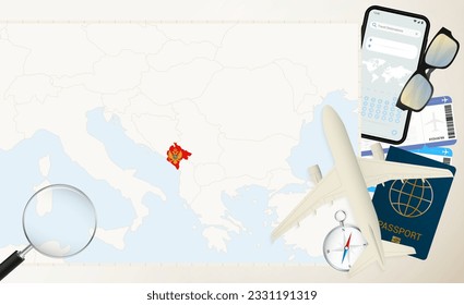 Montenegro Karte und Flagge, Frachtflugzeug auf der detaillierten Karte von Montenegro mit Flagge, Pass, Lupe und Flugzeug. Vektorvorlage.