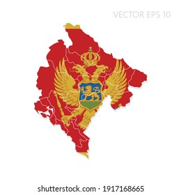 Mapa de Montenegro con bandera y sombra aislada en fondo blanco. Ilustración del vector EPS10.