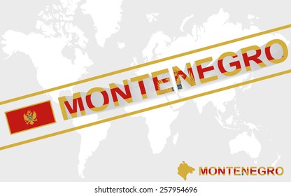 Montenegro map flag and text illustration, on world map 