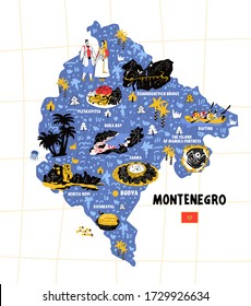 Montenegro map flat hand drawn vector illustration flag. Names lettering and cartoon landmarks, tourist attractions cliparts.   Budva Podgorica travel, trip comic infographic poster, banner concept de