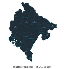 Montenegro map high detailed with administrative divide by state, capital cities names, outline simplicity style. Vector illustration EPS10.