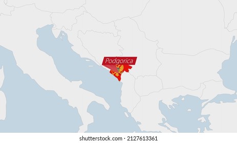 Montenegro map highlighted in Montenegro flag colors and pin of country capital Podgorica, map with neighboring European countries.
