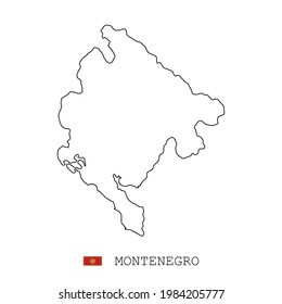 Montenegro map line, linear thin vector simple outline e and flag. Black on white background