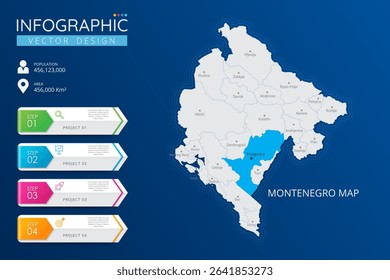 Montenegro map with location pointer marks. High detailed country map with division, cities and capital infographic template. Vector illustration EPS10