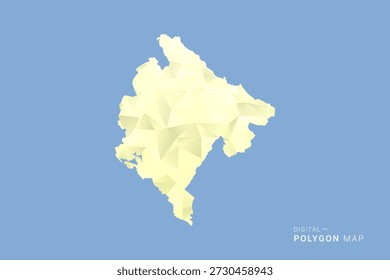Mapa de Montenegro en estilo de Vector de polígono de polietileno bajo, ilustración de forma geométrica con tonos amarillos suaves sobre fondo azul, silueta limpia para infografía.